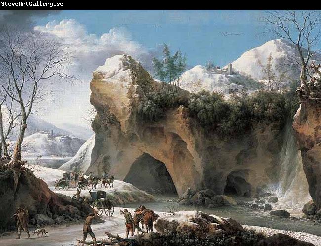 Francesco Francia Paysage montagneux sous la neige avec diligence